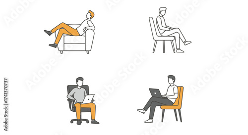Simple illustrations depicting people in various seated positions and activities
