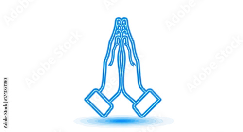 Glowing blue neon outline of hands pressed together in a prayer or namaste gesture.