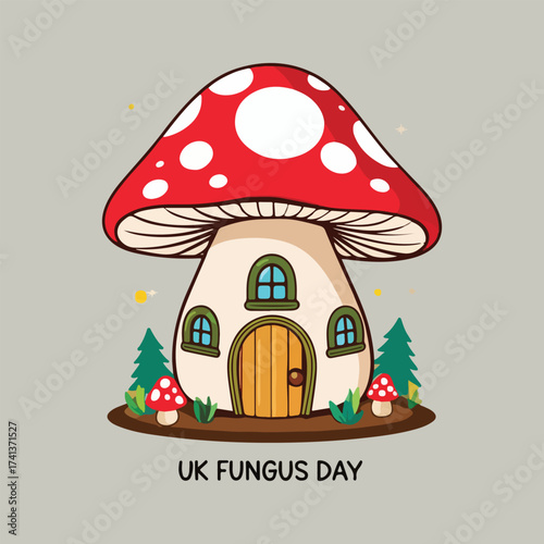 UK Fungus Day vector artwork with whimsical toadstool fairy houses, forest mushrooms, spore bursts, and seamless mushroom pattern in flat minimalist solid colors