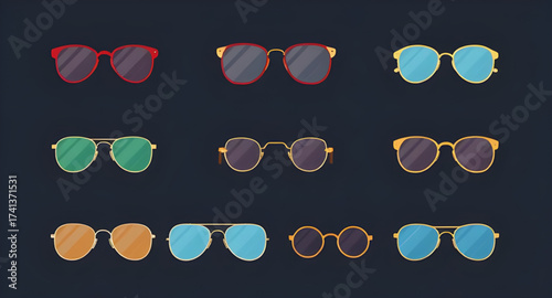 sunglasses, set, eyewear, shades, collection, vector, fashion, accessory, style, summer, cool, lenses, UV protection, reflection, modern, trendy, glasses, frame, plastic, metal, polarized, isolated, w