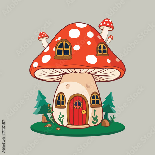 UK Fungus Day vector artwork with whimsical toadstool fairy houses, forest mushrooms, spore bursts, and seamless mushroom pattern in flat minimalist solid colors