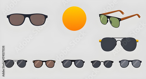 sunglasses, set, eyewear, shades, collection, vector, fashion, accessory, style, summer, cool, lenses, UV protection, reflection, modern, trendy, glasses, frame, plastic, metal, polarized, isolated, w