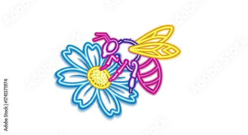 Vibrant Neon Bee and Daisy Illustration.