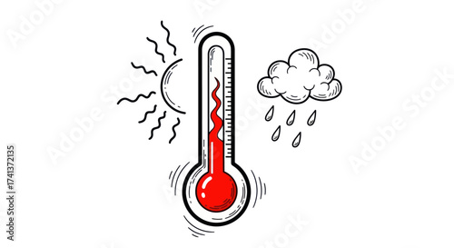 Hand-drawn Thermometer Indicating High Temperature and Weather Conditions.