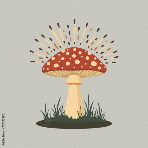 UK Fungus Day vector artwork with whimsical toadstool fairy houses, forest mushrooms, spore bursts, and seamless mushroom pattern in flat minimalist solid colors