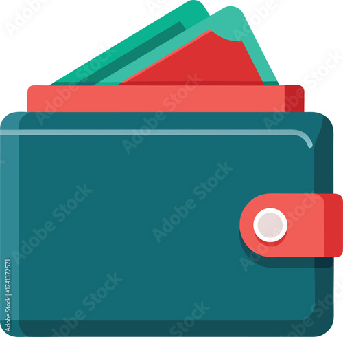 Teal wallet with red closure and stacked banknotes money cash