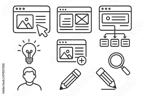 Website design & UI/UX development line icon set. Vector collection of wireframe, prototype, sitemap, user interface elements. Web development process, creativity, idea, sketch.