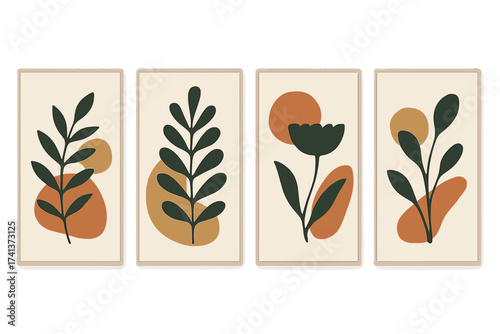 Abstract botanical wall art set. Vector illustration in Scandinavian design. Modern nature foliage with organic shapes, earthy tones, green leaves, rust and mustard accents.