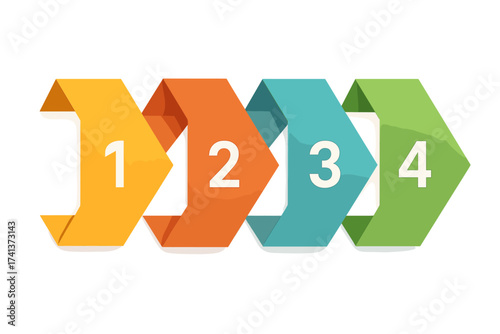 Abstract vector infographic with 4 paper-style steps. Colorful numbered arrows for business process diagram, presentation, timeline, or workflow layout. Modern banner template.