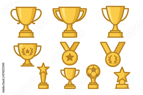 Award trophy cup icon set. Gold prizes for winners. Champion and victory symbols. Golden reward cups, medals for achievement, success, and competition. Sport vector icons.
