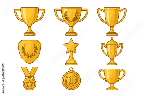 Gold trophy and award icon set. Golden cups, medals, and shields for winners. Champion prizes, victory symbols for sport competition. First place achievement vector collection.