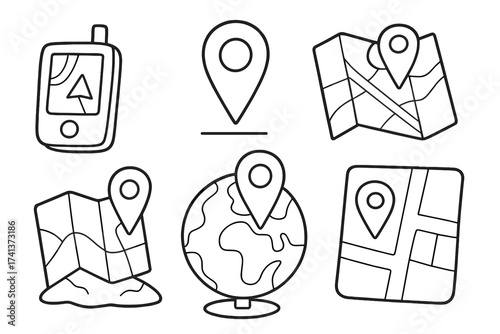 Map location pin icon set. GPS navigation symbol collection. Travel destination pointer. Line art doodle illustration. Find route direction sign. World globe and city street map.