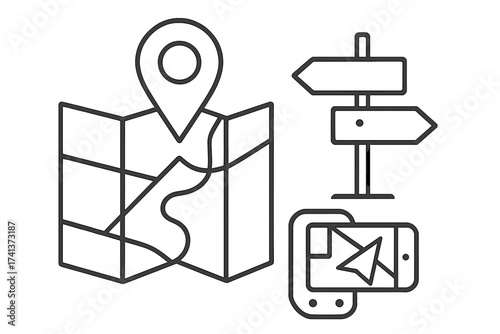 Travel & navigation icon set with map, pin, signpost & phone GPS. Vector concept for location, journey, destination, tourism, guidance, direction, discovery & choice.
