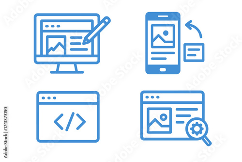 Web design icon set. UI, UX, SEO. Line icons for programming, mobile app development, coding, and website optimization. Vector graphic concepts for digital business and media.