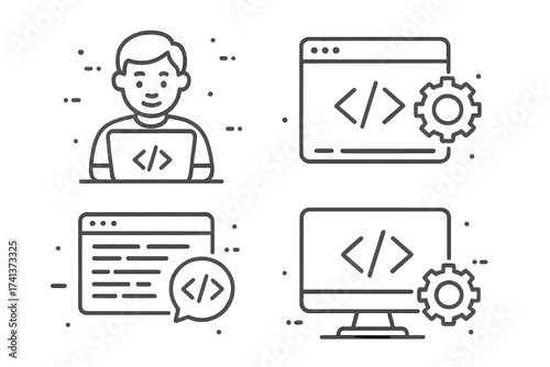 Coding and programming line icon set. Software and web development vector icons. Programmer at computer, backend settings, developer API. Thin line outline symbols for app UI.