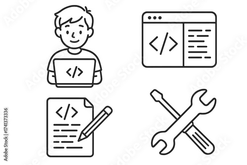 Coding and programming line icon set. Software or web developer at work. App development concept. Programmer, code script, UI window and dev tools. Vector illustration cartoon.