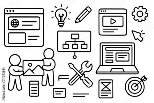 Conversion rate optimization icon set. Doodle illustrations for UX, UI, web design, SEO, and marketing strategy. Website development, sitemap, wireframe, and target goal concept.