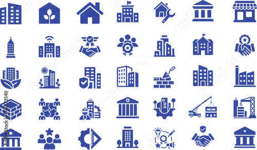 Collection of Blue Building and Business Icons: Architecture, Construction, and Teamwork