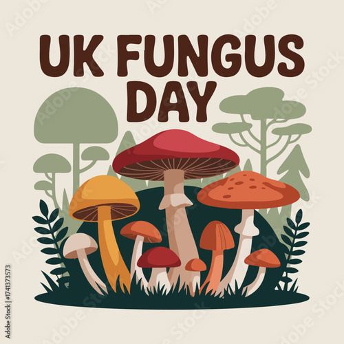 UK Fungus Day vector artwork with whimsical toadstool fairy houses, forest mushrooms, spore bursts, and seamless mushroom pattern in flat minimalist solid colors
