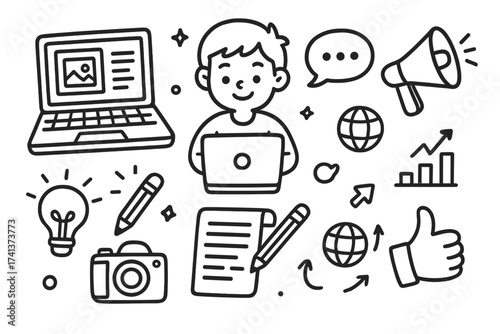 Digital marketing concept. Content creation icon set. Social media management doodle. Freelancer working on laptop. Business strategy, startup growth, creative idea symbols.