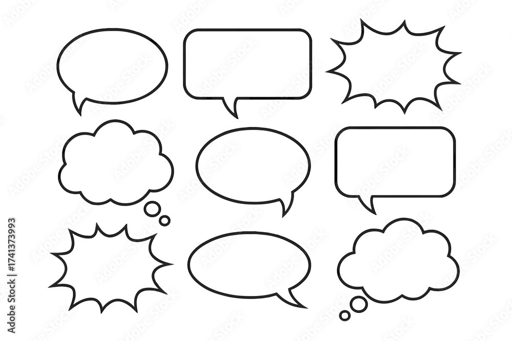 Fototapeta premium Set of speech bubbles, blank retro empty comic bubbles and thought clouds. Vector illustration for dialog, chat, message or communication. Pop art comics style design elements.