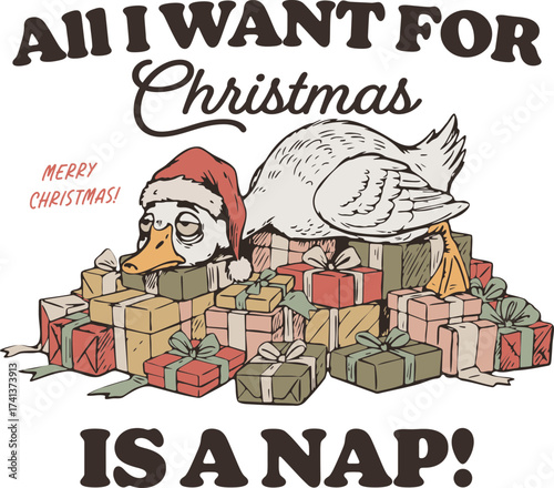 All I Want for Christmas is a Nap – Funny Holiday Goose Sleeping on Presents with Santa Hat, Perfect for Tired Moms, Introverts, and Festive Humor Lovers