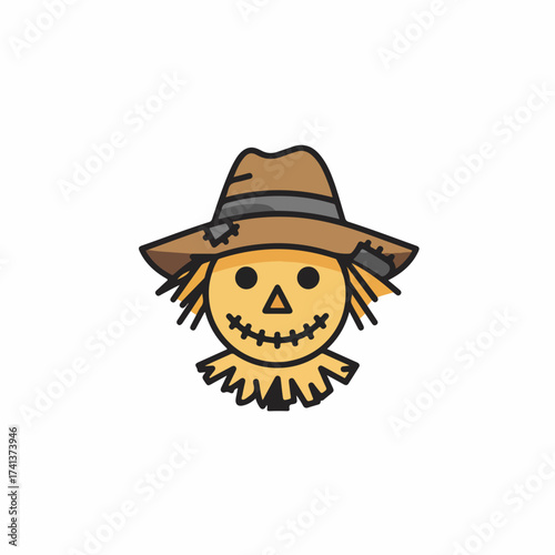 Cartoonish Isolated Scarecrow Head with Straw Hat and Smiling Face Illustration
