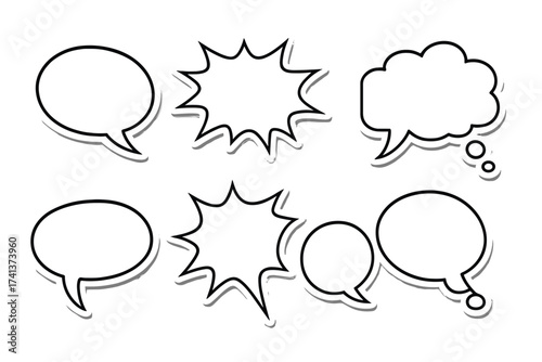 Set of blank speech bubbles and thought bubbles. Empty comic dialog balloons for chat, messages, and quotes. Vector illustration of retro pop art talk stickers collection.