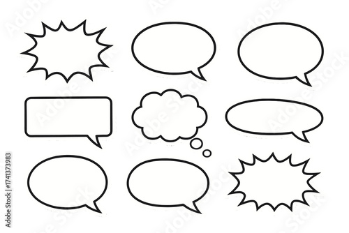 Set of speech bubbles. Blank retro empty comic bubbles and thought balloons. Vector illustration for dialog, chat, message, or quote. Sticker pack design element collection.