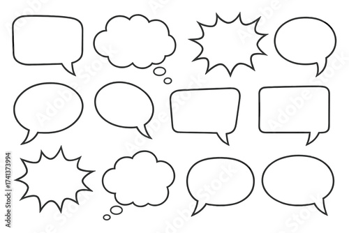 Set of speech bubbles. Blank retro empty comic bubbles and stickers. Dialog balloons. Vector chat box collection for talk, message, quote. Doodle communication signs. Thought clouds.