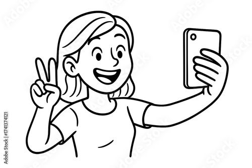 Happy young woman taking a selfie with a smartphone and showing a peace sign. Girl vlogging or influencing for social media. Vector cartoon character illustration for modern life.