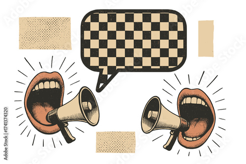 Vintage collage with screaming mouths, megaphones. Checkered speech bubble. Retro halftone newspaper elements. E-commerce advertising banner for sale, announcement, protest.