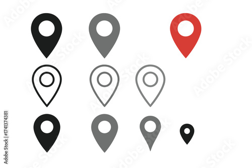 Map pin icon set. Location marker collection for GPS navigation. Vector pointers for destination, travel, and geotagging. Position symbol. Flat and outline signs. Red accent.