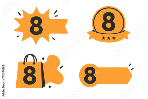 Number 8 days left countdown. Promotional sale banner collection. Marketing badge for landing page. Vector discount sticker set. Anniversary or final offer shopping icon design.