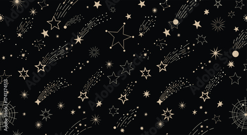 A dark starry night sky filled with shooting stars and constellations.