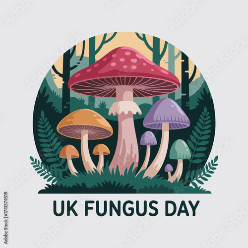 UK Fungus Day vector illustration of woodland mushrooms, fly agaric, chanterelle, and toadstools in flat solid color, cartoon and botanical style artwork