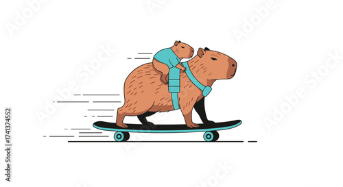 A capybara and a baby capybara riding a skateboard.