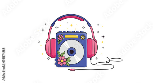 Portable music player with headphones and floral accents.
