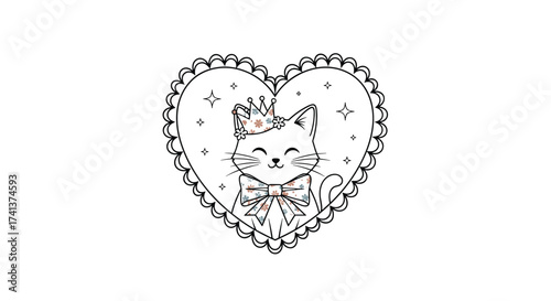 A cute kitten wearing a crown and bow inside a heart shape.