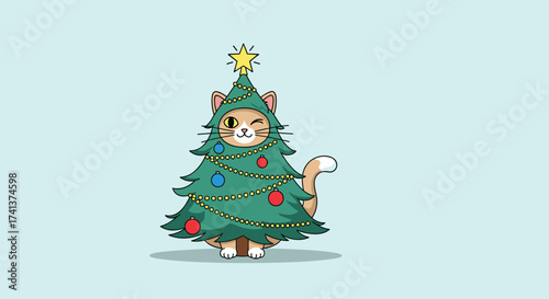 Cute cat dressed as a Christmas tree with ornaments and a star.