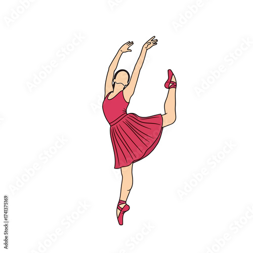 Ballerina in Red Dress Performing Attitude Ballet Pose