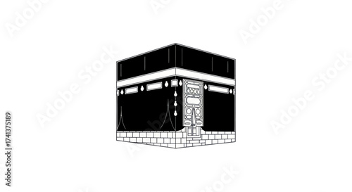 Black and white illustration of the holy Kaaba an iconic Islamic pilgrimage site.