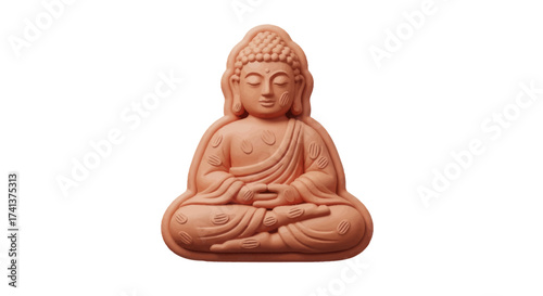 A small serene terracotta Buddha statue sitting in a meditative lotus position.