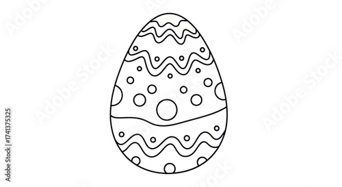 Black and white line art Easter egg with decorative wavy and polka dot patterns.
