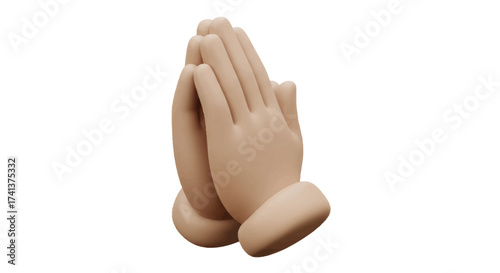 A 3D rendering of praying hands in a light brown smooth material.