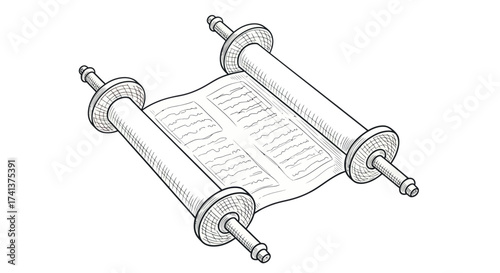 Ancient Scroll with Text and Wooden Rollers.