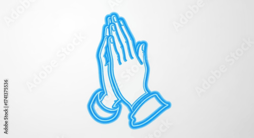 Blue Neon Outline of Praying Hands on White Background.