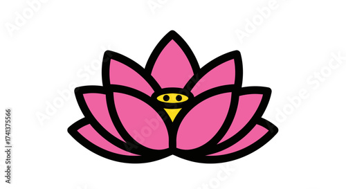 A simple stylized pink lotus flower icon with a bold black outline and yellow center.
