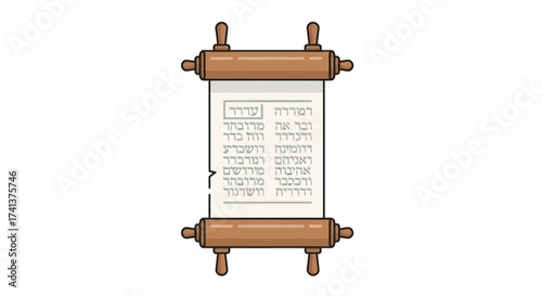 An open ancient Jewish Torah scroll with wooden rollers and Hebrew script cartoon illustration.