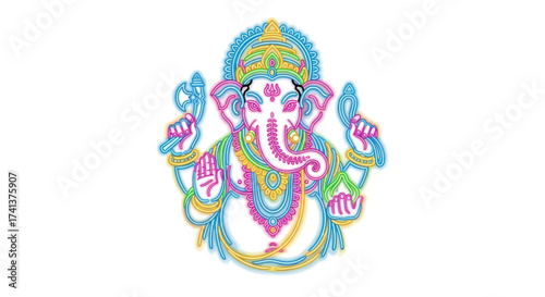 Colorful Stylized Illustration of Hindu God Ganesha with Details.